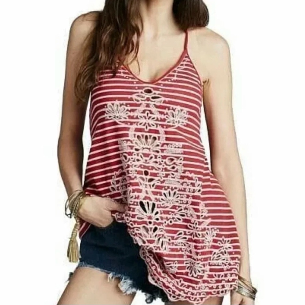 Free People Strappy Swing Cami Top in a raspberry stripe with floral embroidery